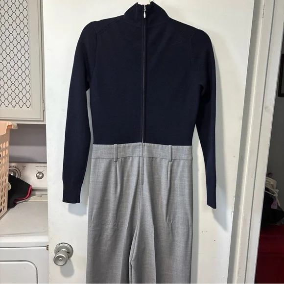J Crew Collection Wool Mockneck Long Sleeve Trouser Jumpsuit Navy Gray Size 6 8 - Picture 6 of 13
